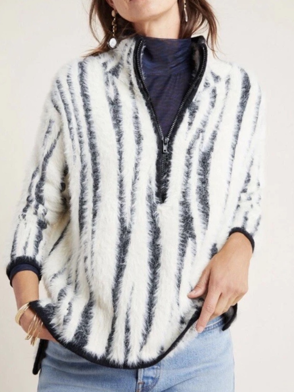 Anthropologie Cindy Eyelash 1/2 Zip White Black Fuzzy Zebra Sweater Women’s Med